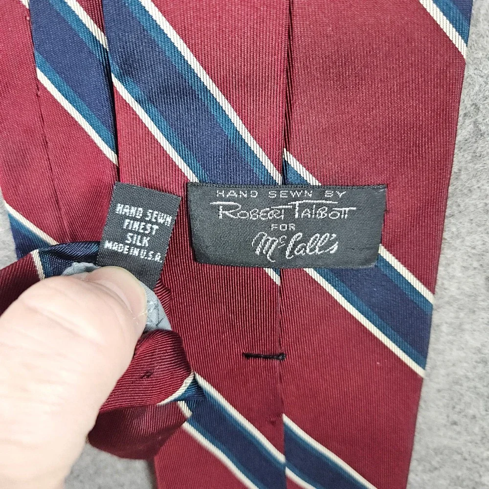 Robert Talbott‎ McCalls Men's Burgundy Blue Stripe Silk Neck Tie Hand Sewn SNAGS